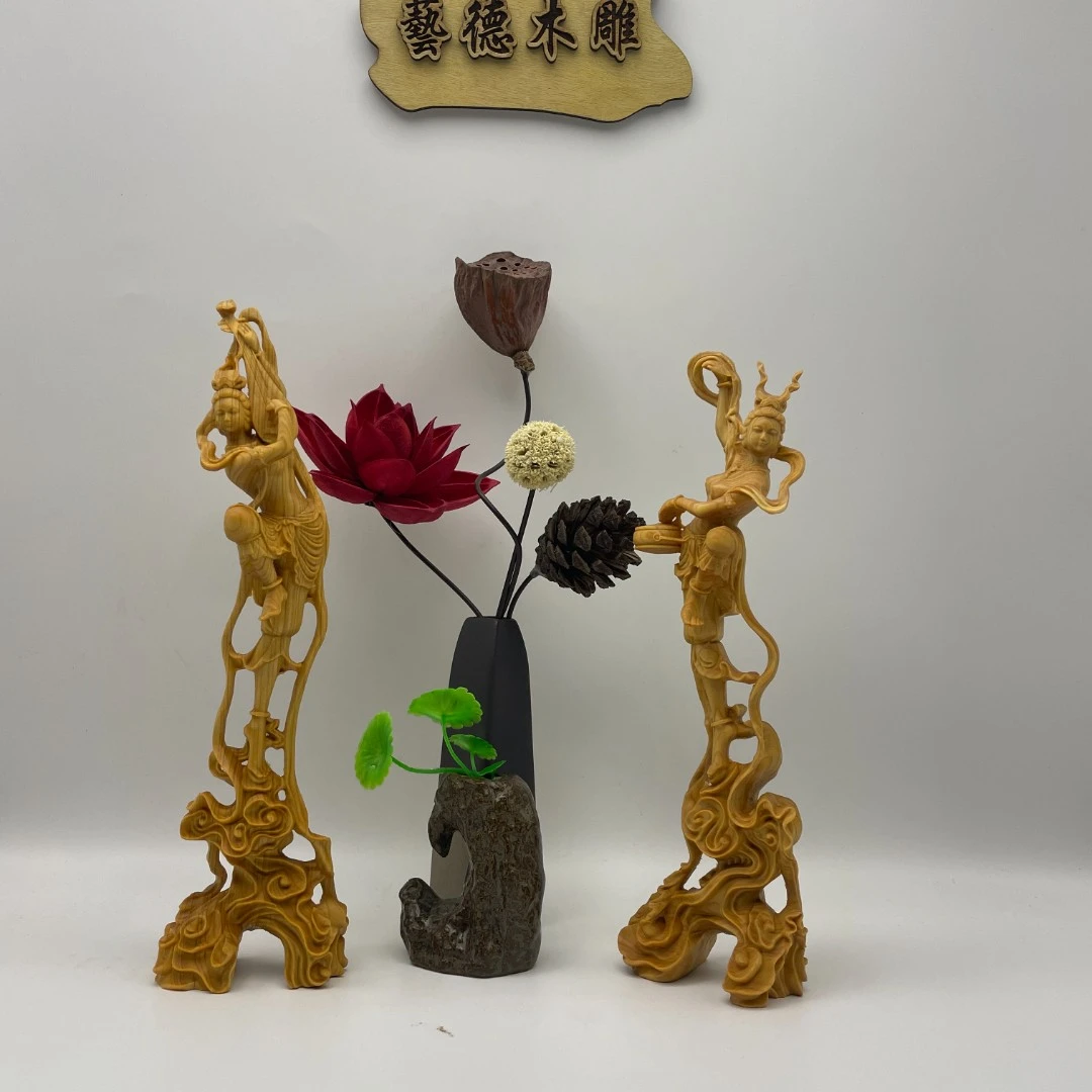 黄杨木敦煌飞天一对木雕家居博古架雕刻工艺品摆件 高26cm