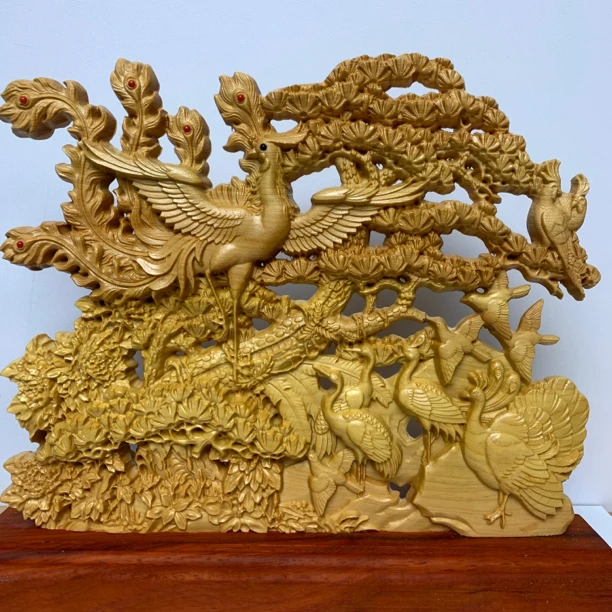 太行柏木百鸟朝凤木雕雕刻家居博古架工艺摆件高21cm