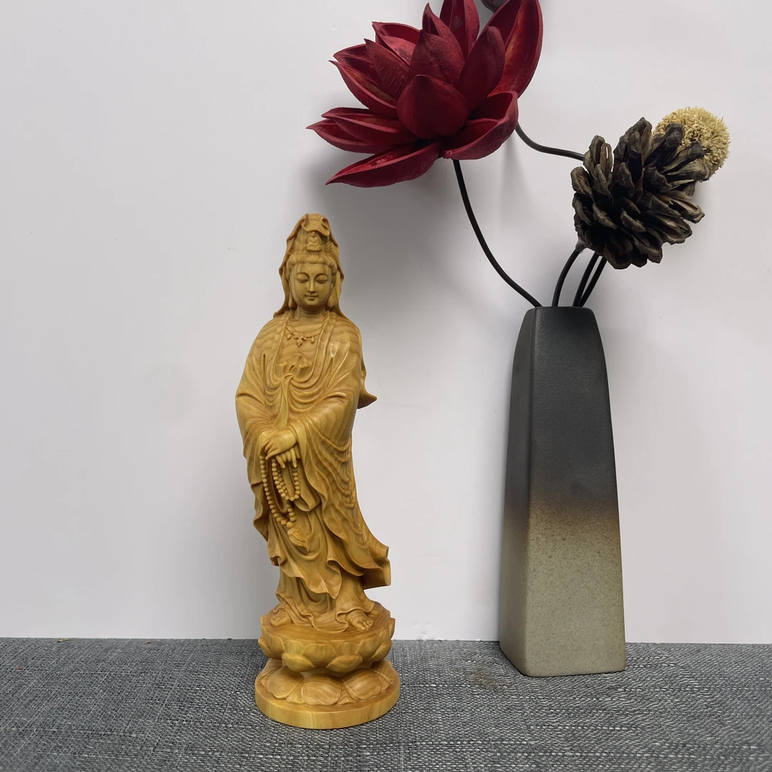 黄杨木念珠观音木雕摆件汽车家居实木雕刻工艺品高15.5cm