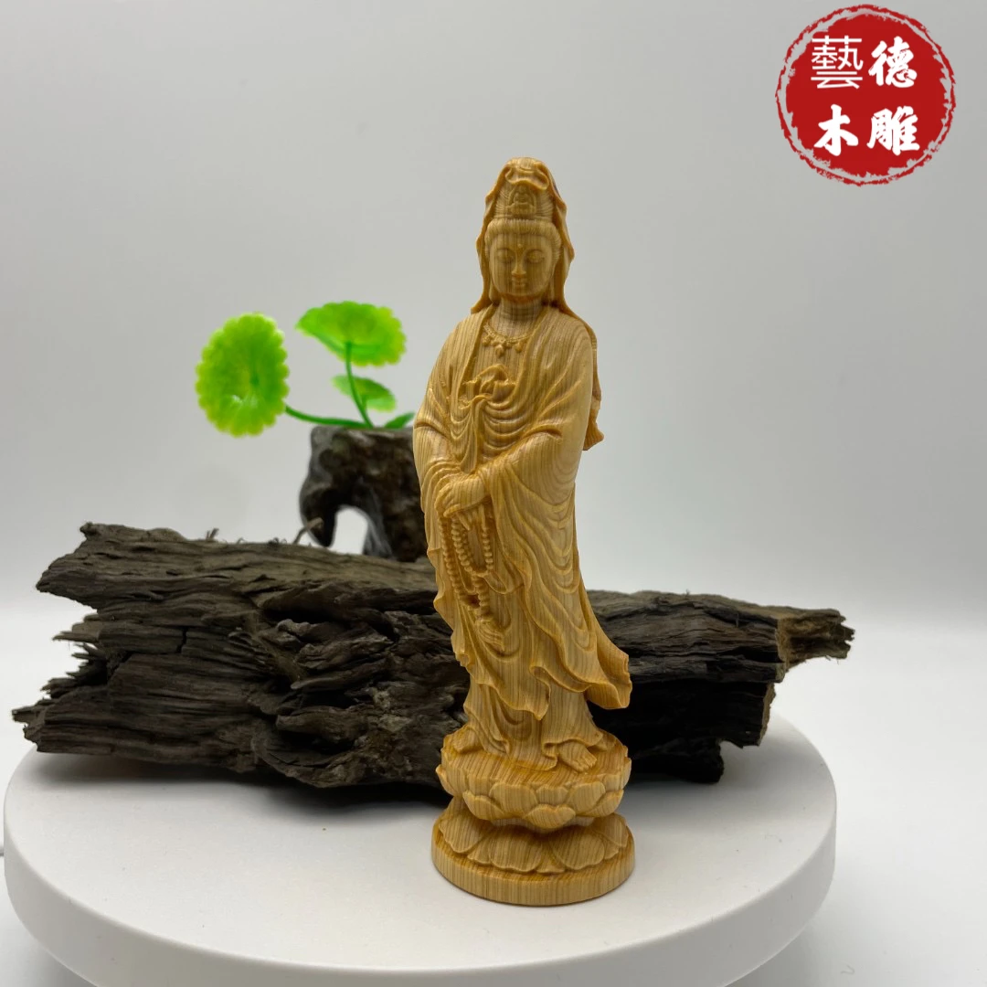 太行柏木念珠观音车载摆件，木雕雕刻工艺品车摆件 高12cm