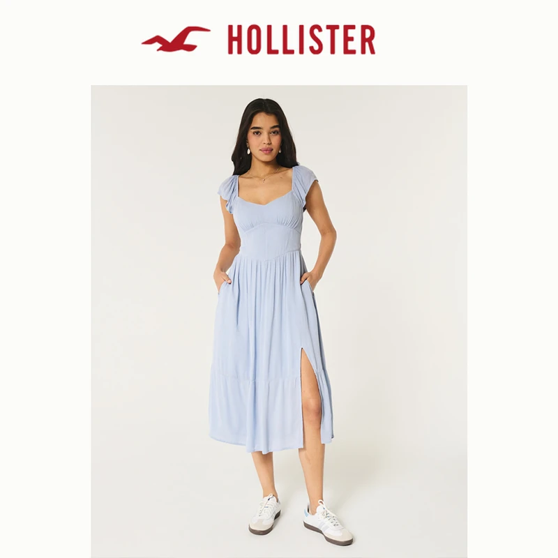 Hollister24秋辣妹露背碎花V领短袖长款连衣裙女装KI359-4355