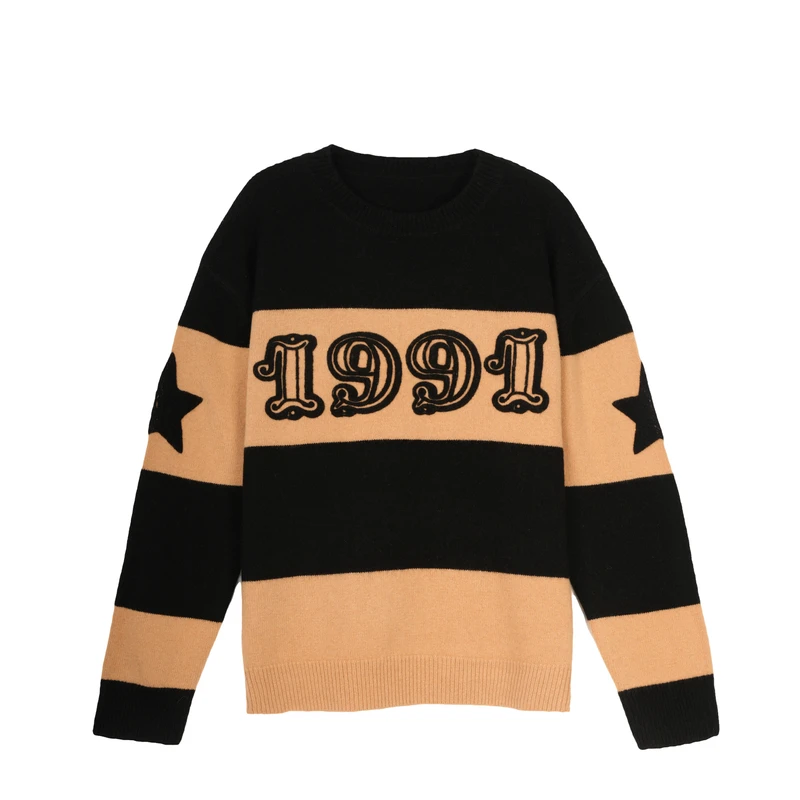 24秋冬时髦数字提花植绒圆圈星星撞色圆领针织上衣慵懒宽松-18229