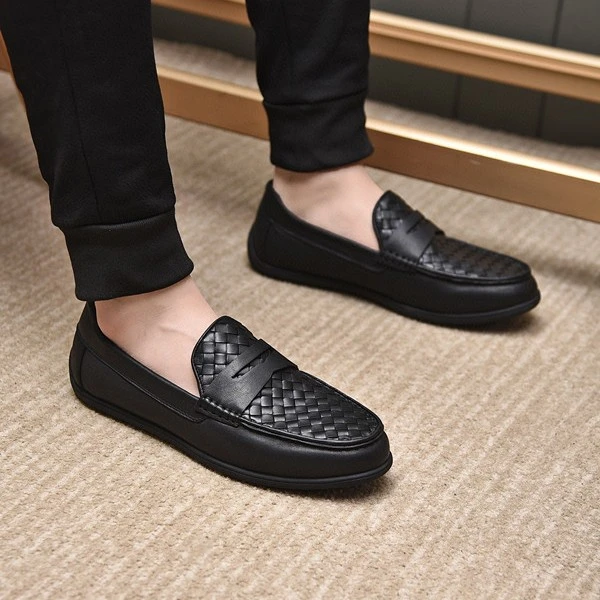 四季英伦男士商务休闲真皮编织一脚蹬透气尖头乐福皮鞋套脚豆豆鞋