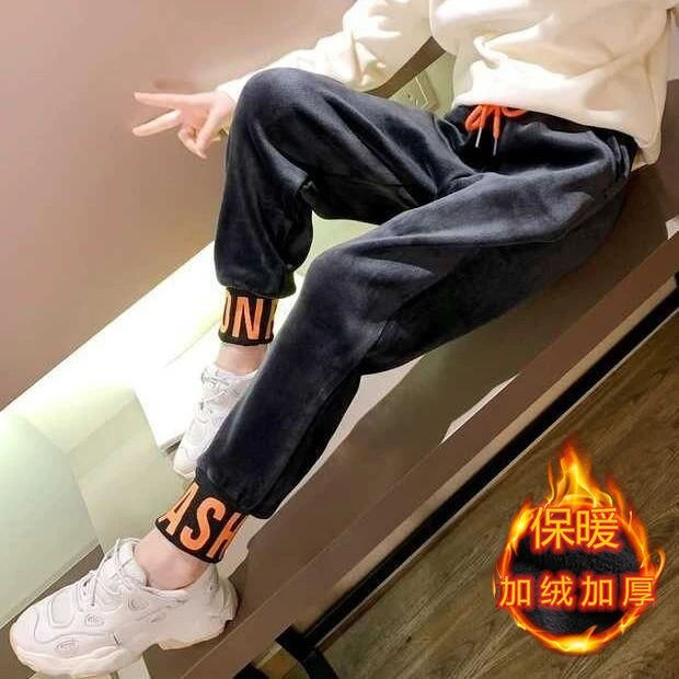 洋气女童加绒加厚金丝绒裤子宽松韩版运动裤休闲裤哈伦裤外穿保暖