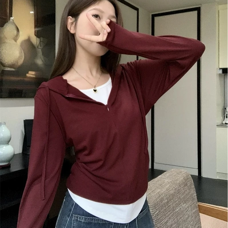 0093#半拉链连帽卫衣假两件打底衫女洋气新款时尚修身上衣