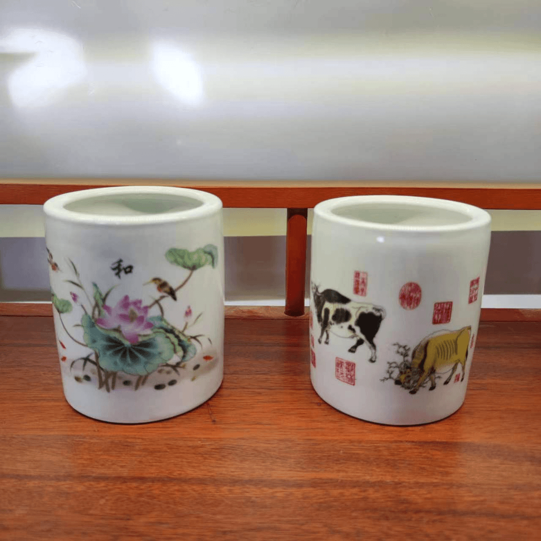 A58-2 精美陶瓷家和万事兴笔筒+五牛图纹笔筒 家用赏器（粉丝专属）