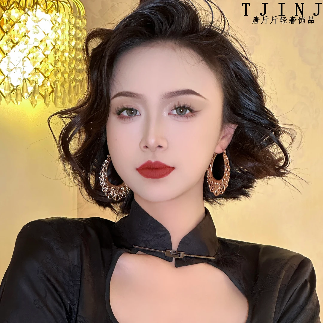 铜合金耳饰 【异域黎巴嫩】度假风椭圆镂空耳圈立体浮雕耳环