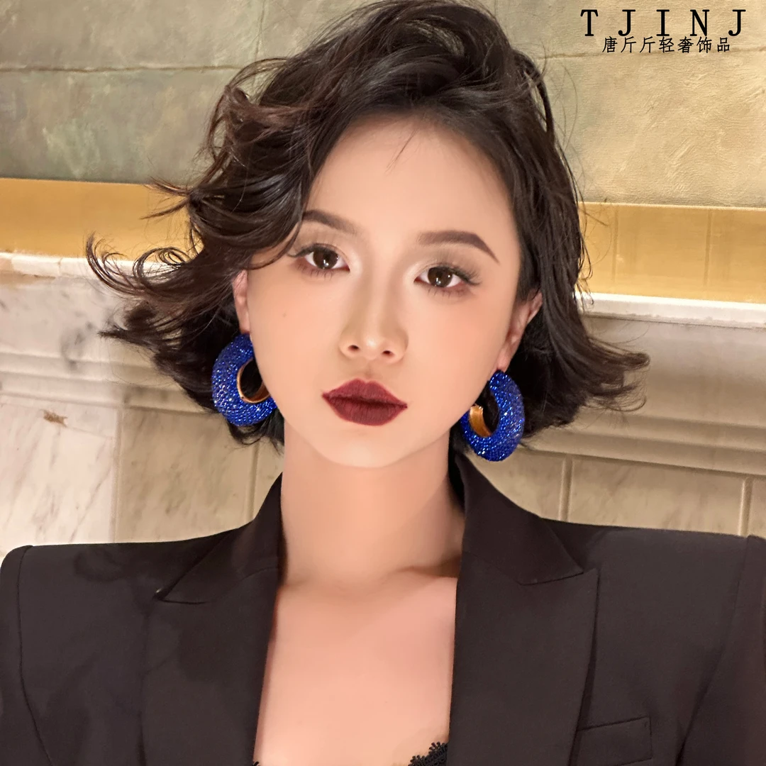 铜合金耳饰 【摩登朗姆酒】双面手工钻c圈耳环高级感轻奢耳饰