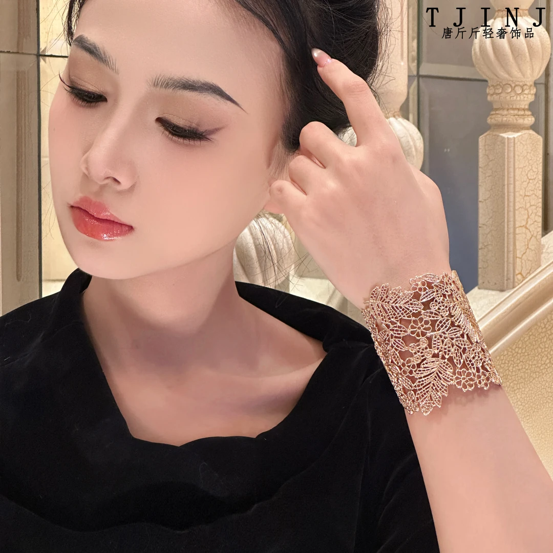 铜合金手镯 【半岛蕾丝】设计师款镂空手镯金色手工雕刻蕾丝开口