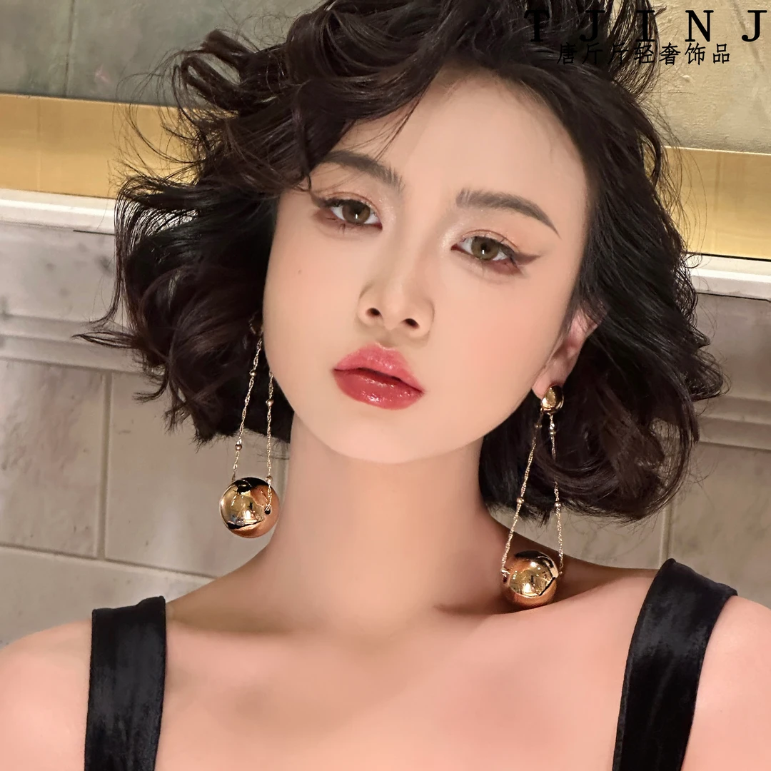 铜合金耳饰 【布拉格广场】气质百搭复古欧美风设计款金属球耳环