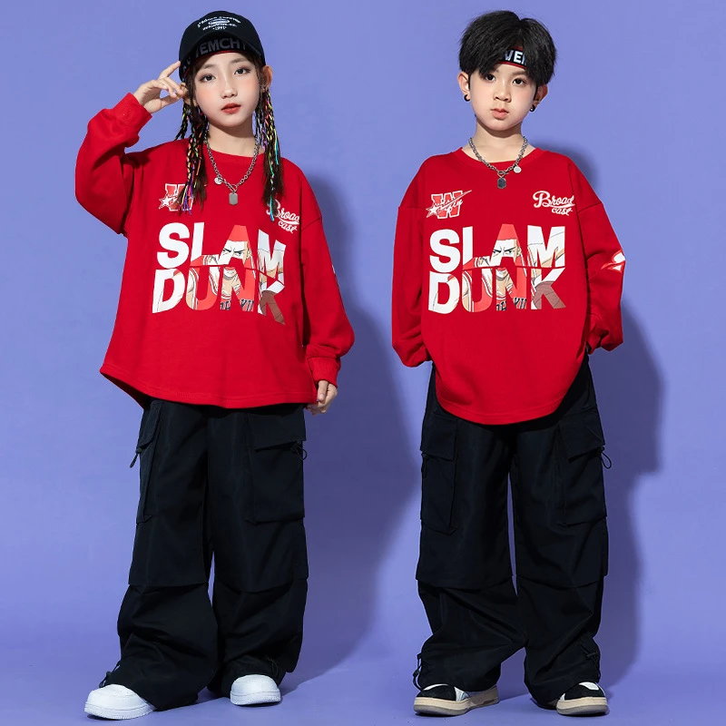 儿童街舞潮服秋冬新款工装裤女童爵士舞演出服男童嘻哈hiphop套装
