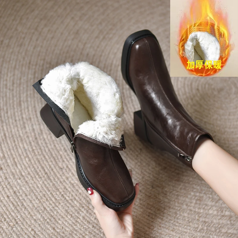 时尚雪地靴加厚2024年新款短靴女加绒粗跟方头靴子秋冬雪地靴厚底