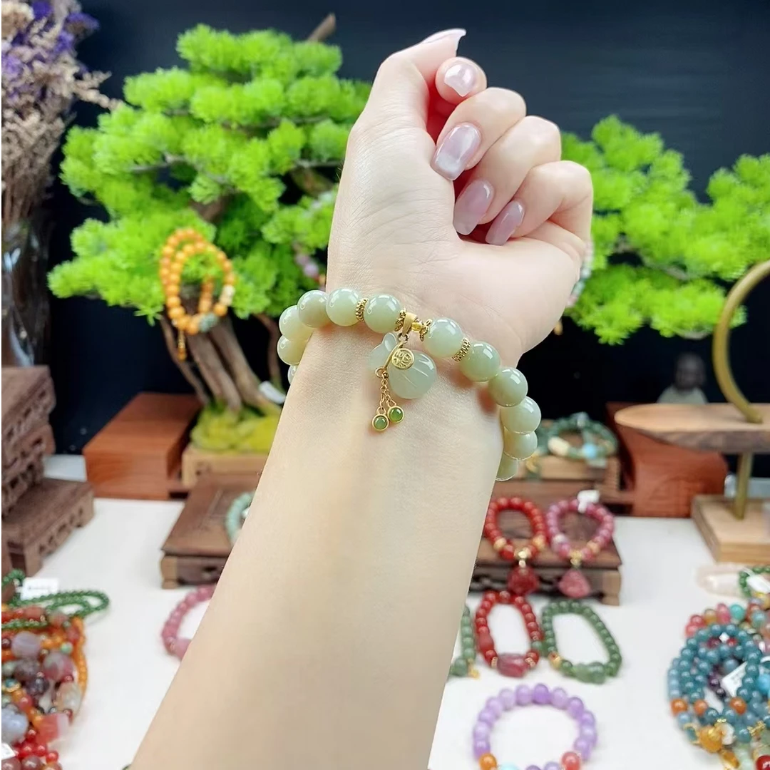 【春姐珠宝】天然和田玉晴水手串9.5mm 搭配 钱袋