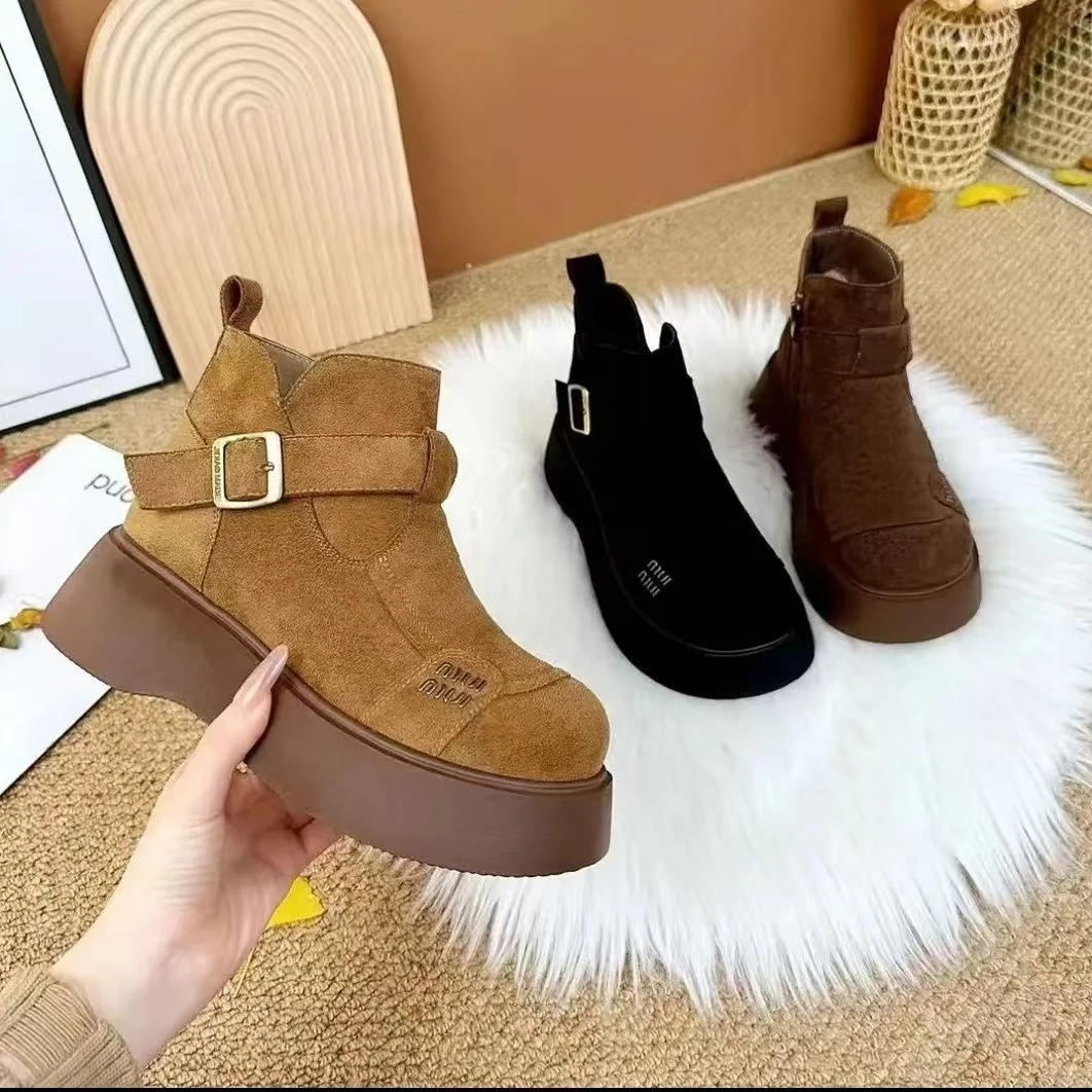 秋冬复古加绒厚底博肯马丁靴短靴软底女圆头防滑英伦风复古靴2024