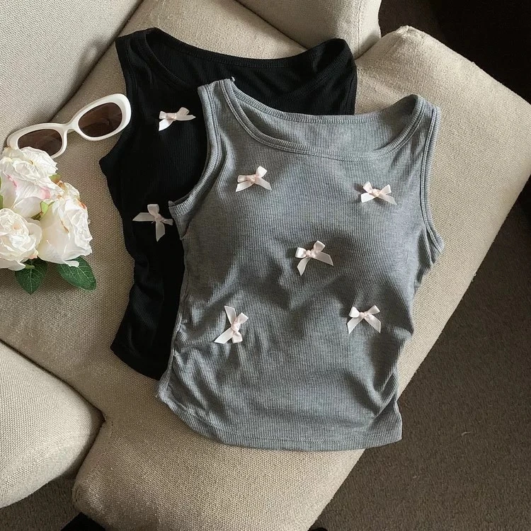 美泊姿甜美蝴蝶结吊带背心女带胸垫一体小众别致设计感纯欲美背女