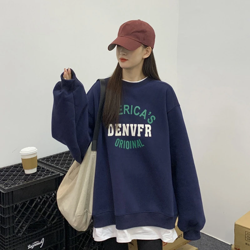 美式无帽慵懒风圆领加绒卫衣女2022年新款春秋薄款简约蓝色上衣潮