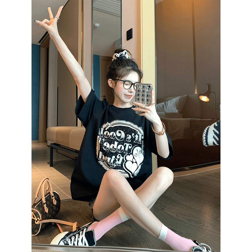黑色t恤女夏季印花独特别致设计感小众宽松纯棉美式复古上衣服ins
