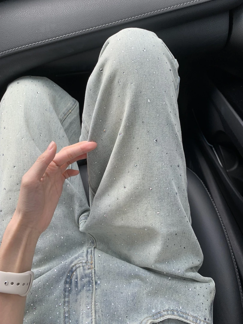 大码镶钻水洗牛仔裤女春秋款复古高腰直筒裤阔腿裤拖地裤子闪钻