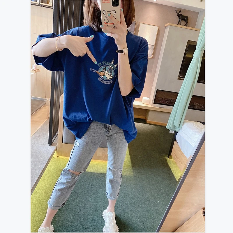 欧货大版宽松蓝色短袖t恤女2023新款设计感夏中长款网红bf风上衣