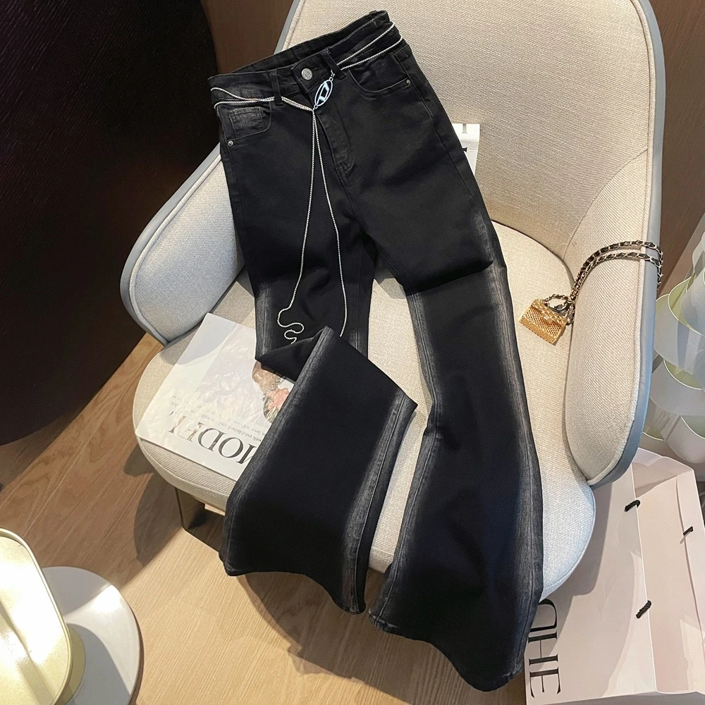 美式辣妹扎染渐变腿精蜜桃臀显瘦高腰弹力微喇牛仔拖地长裤女