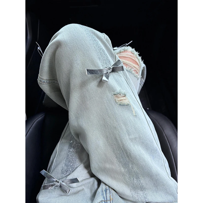 夏季蝴蝶结设计感高腰牛仔阔腿裤女新款显瘦韩版直筒拖地长裤兮