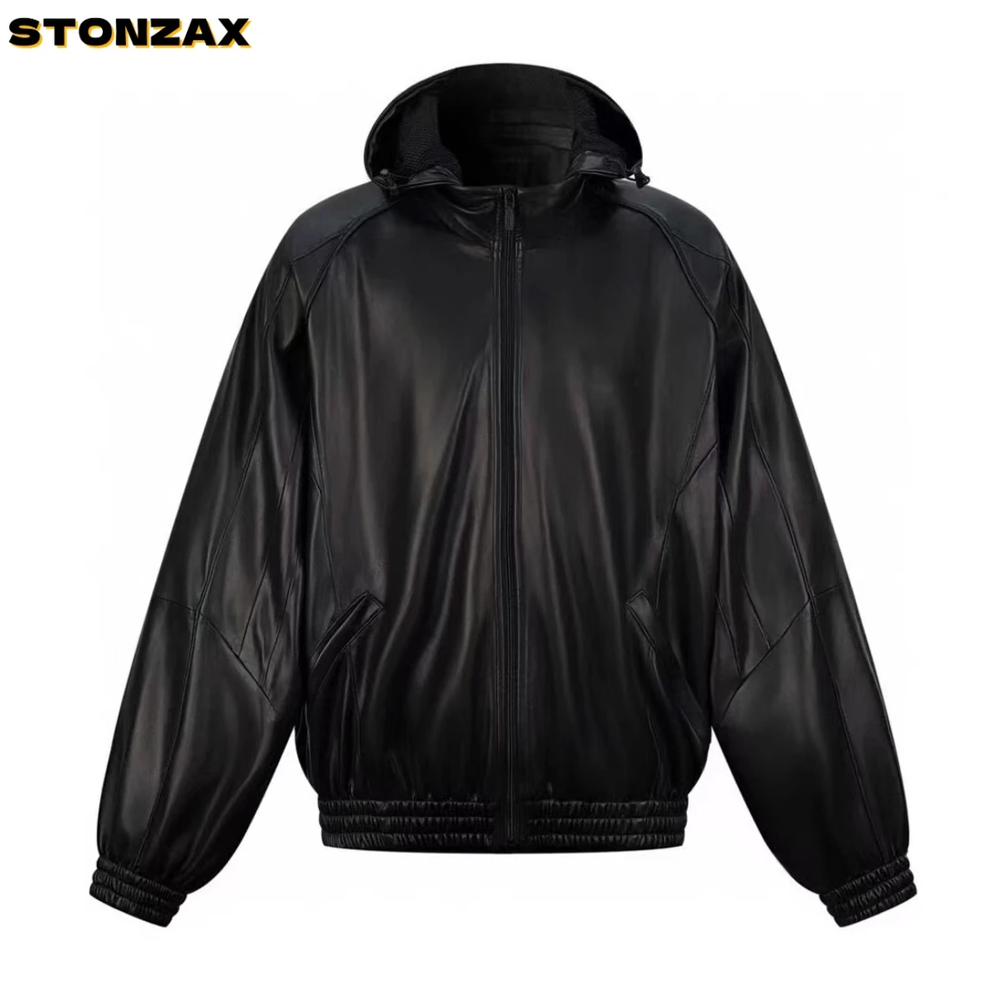 SC23802 春秋复古休闲舒适柔软PU皮情侣连帽夹克外套