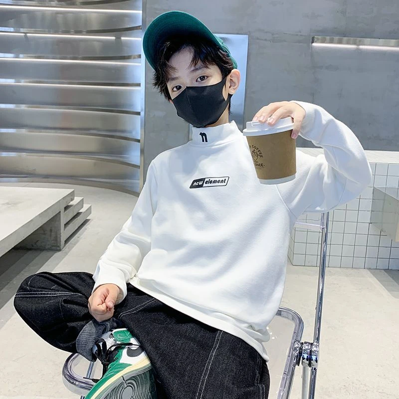 男童秋冬季半高领德绒打底衫新款中大童韩版加绒发热保暖T恤上衣