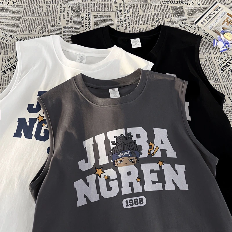 男童夏季纯棉无袖儿童背心新款中大童装美式卡通宽松薄款T恤上衣