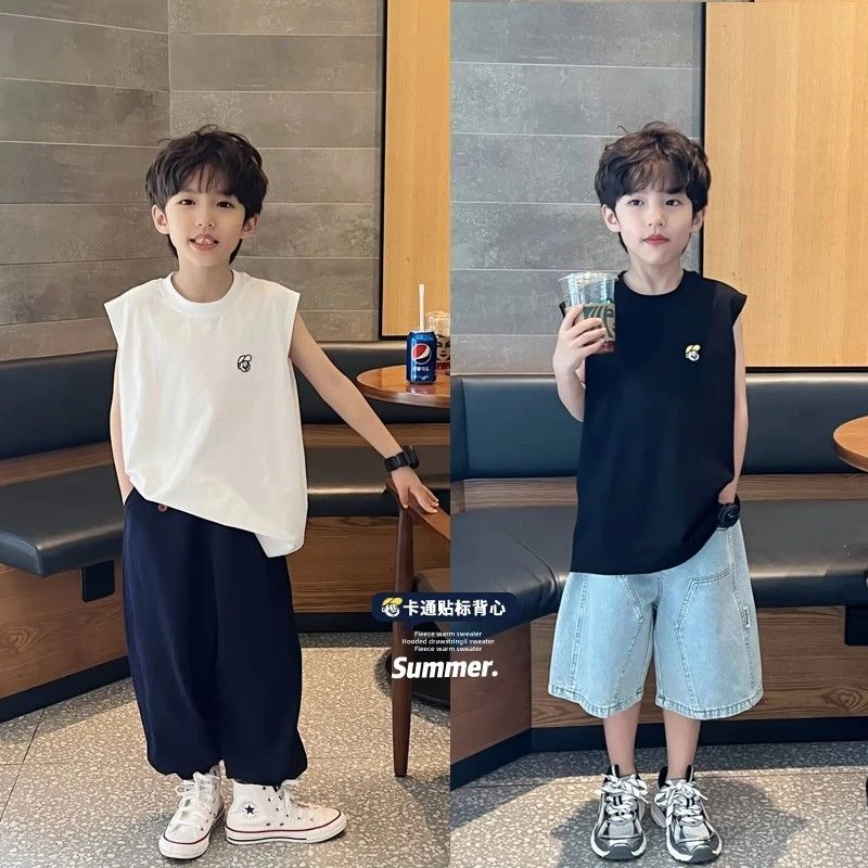 男童夏季纯棉无袖背心新款中大童装卡通时髦宽松薄款T恤运动上衣