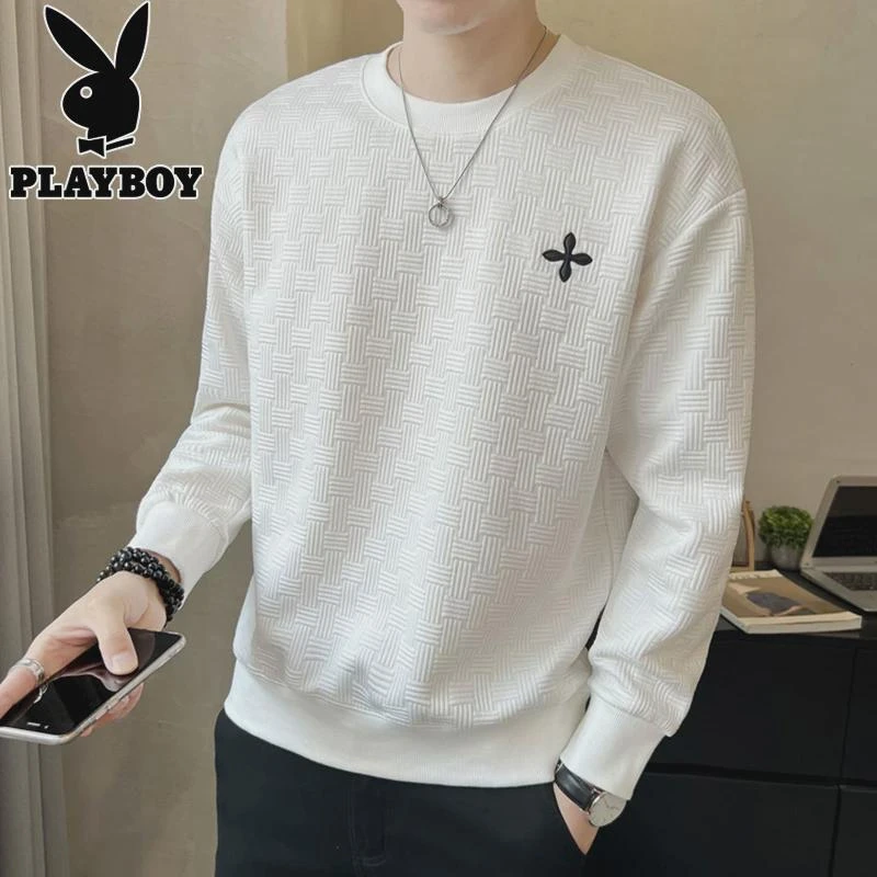 花花公子白色圆领卫衣春季男长袖t恤2024新款春装上衣潮牌体恤打