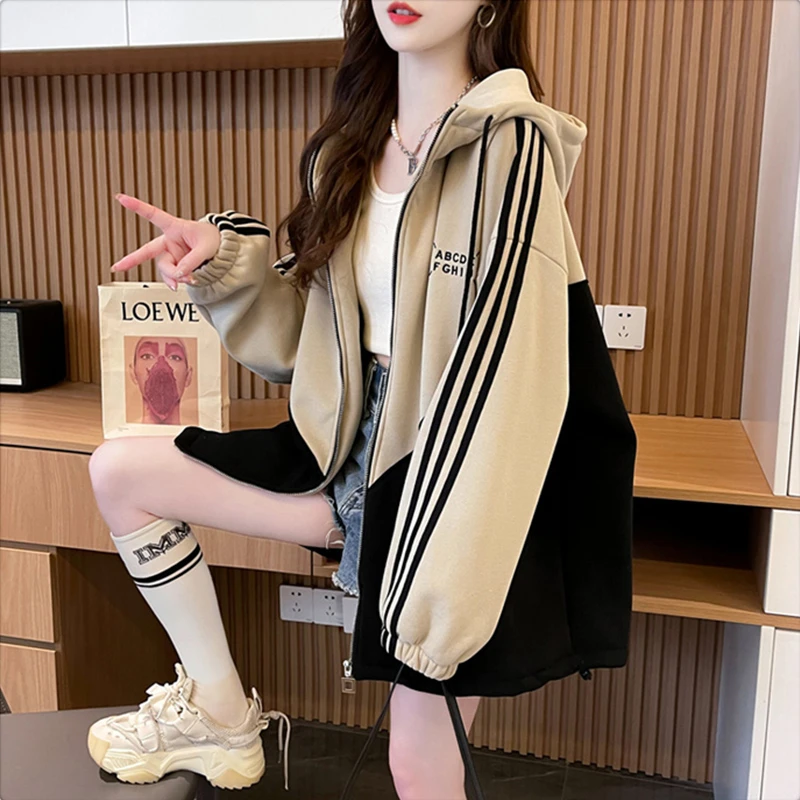 秋季薄款卫衣宽松休闲连帽外套女春秋长袖洋气时尚中长款假两件
