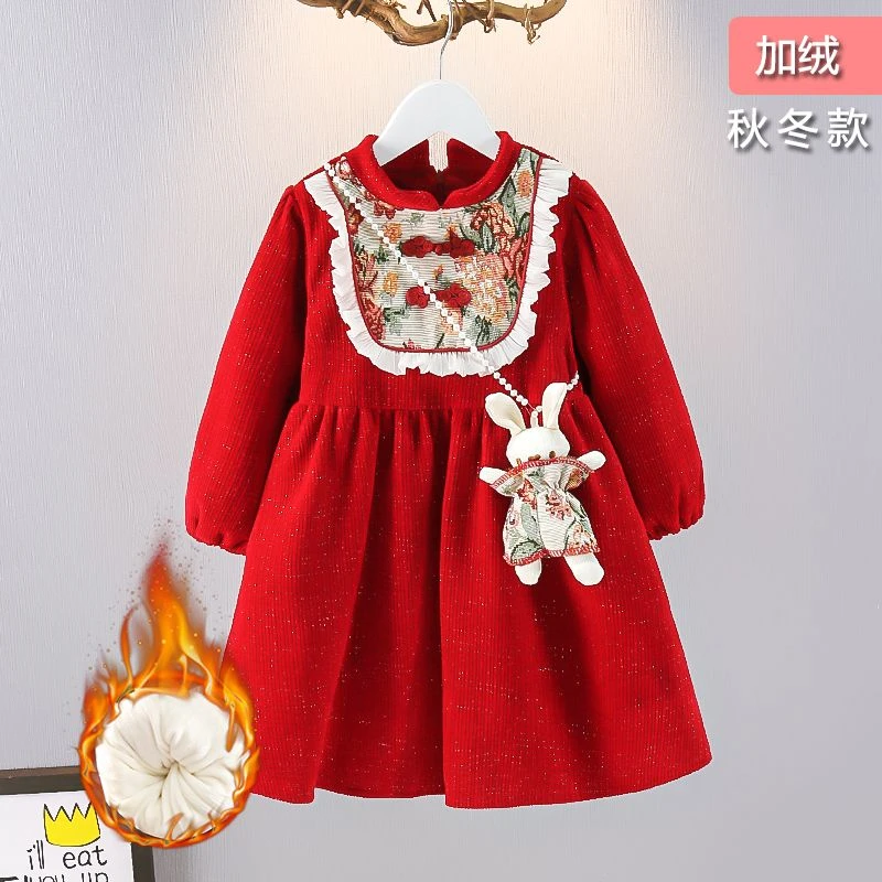 女童中国风加绒加厚拜年服连衣裙春节大红色喜庆裙子女宝宝圣诞裙