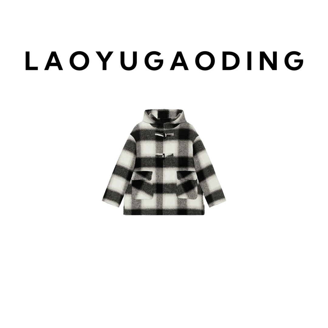 【LAOYUGAODING】高品质-8018格纹撞色复古牛角扣中长款毛呢大衣