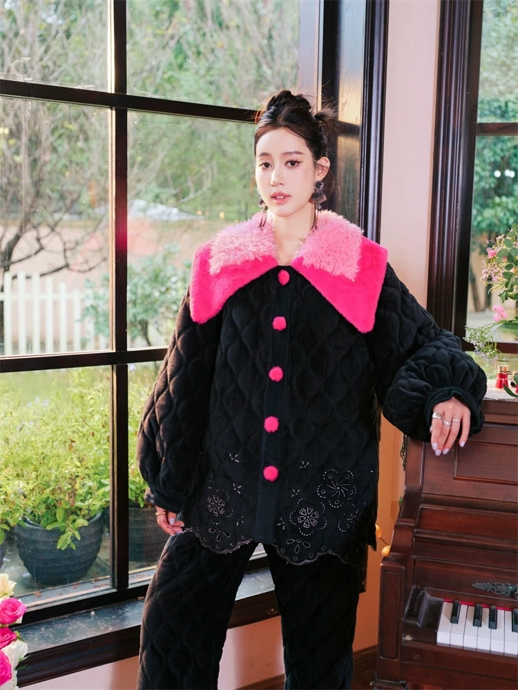 ANNZ原创轻奢黑色镂空可外穿睡衣家居服套装