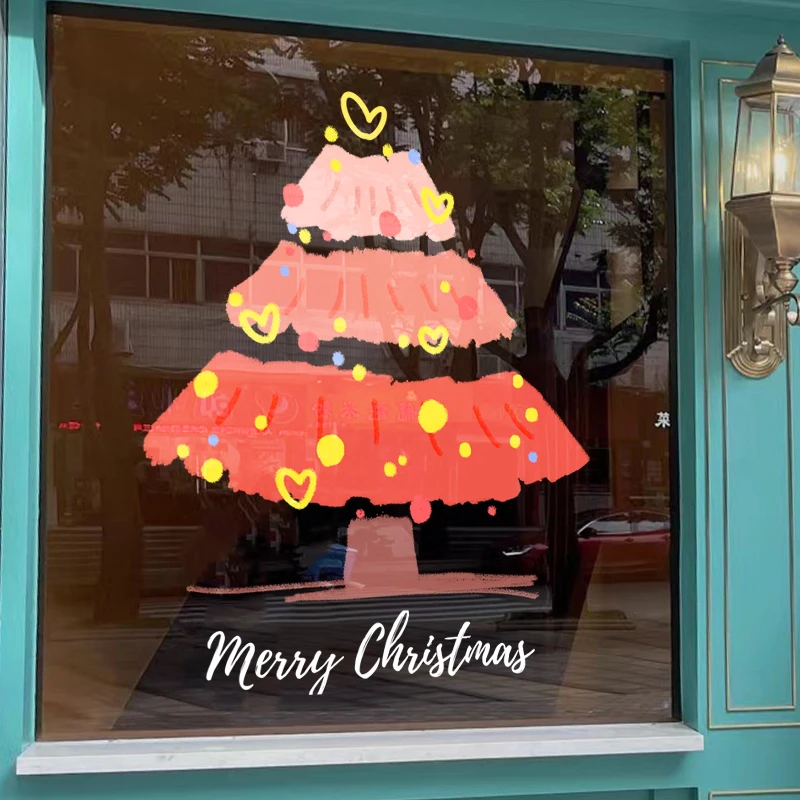 圣诞节装饰窗花玻璃门贴纸商场店铺橱窗布置圣诞树氛围场景静电贴