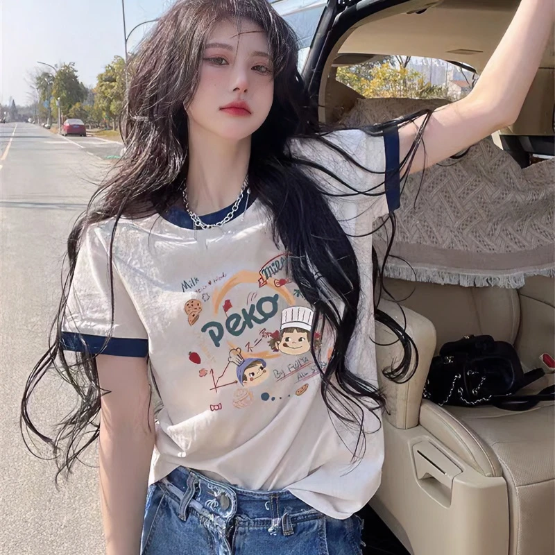 夏季新款白色时尚2025短袖小众宽松休闲印花撞色设计感t恤上衣女