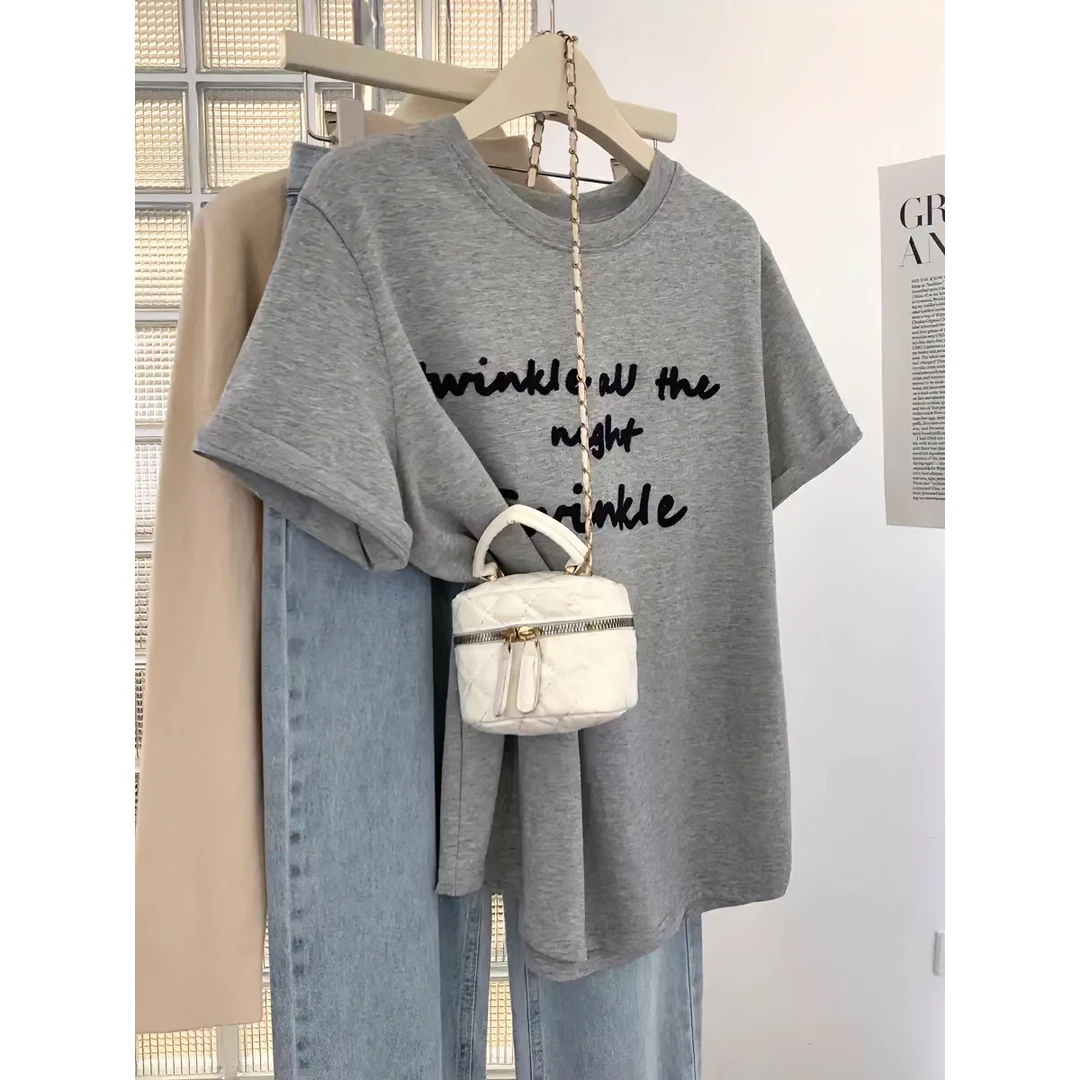 灰色92棉 正肩短袖t恤女款夏季2025新款宽松半袖设计感小众上衣