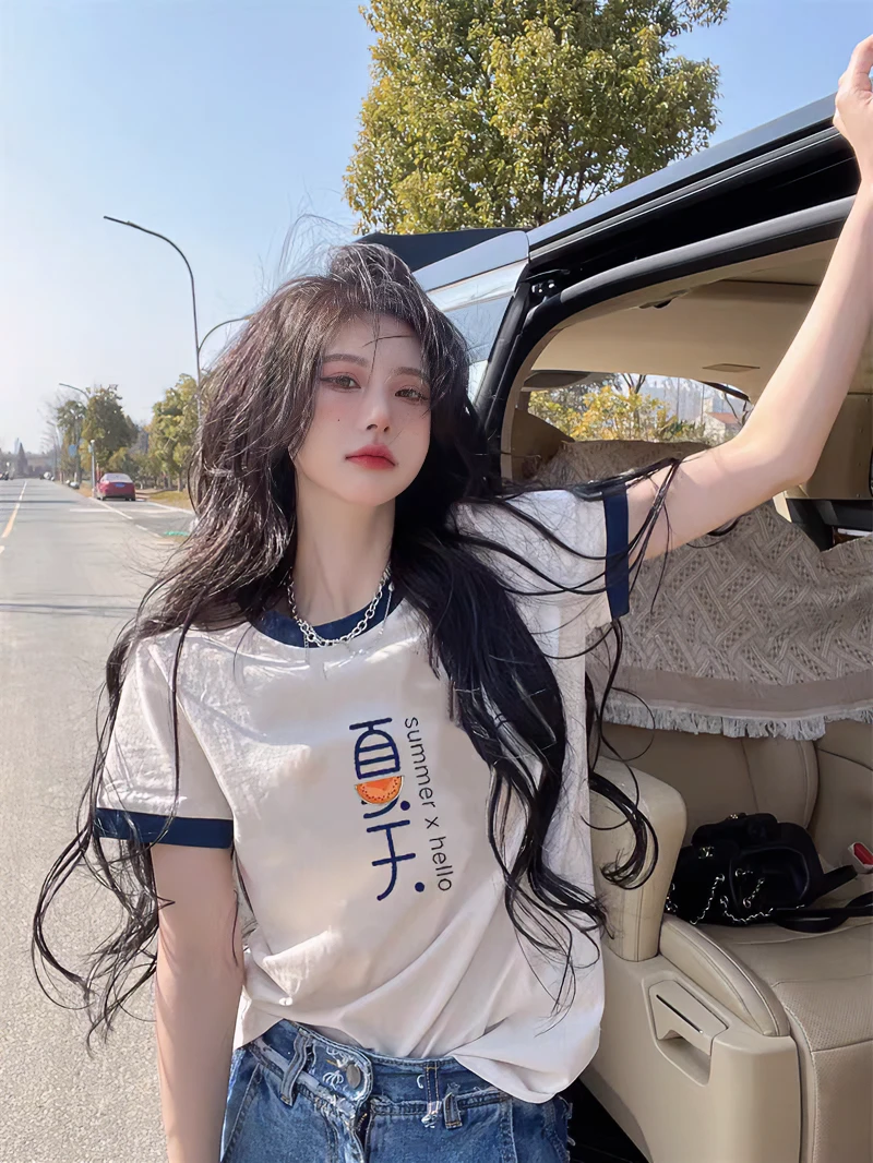 2025夏季新款白色显瘦短袖小众休闲印花设计感t恤圆领撞色上衣女