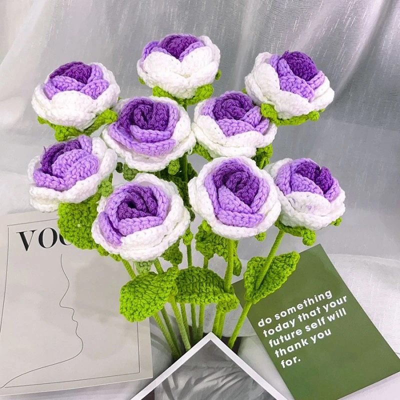 编织花成品手工钩花渐变毛线花玫瑰假花批发闺蜜情侣情人节礼物
