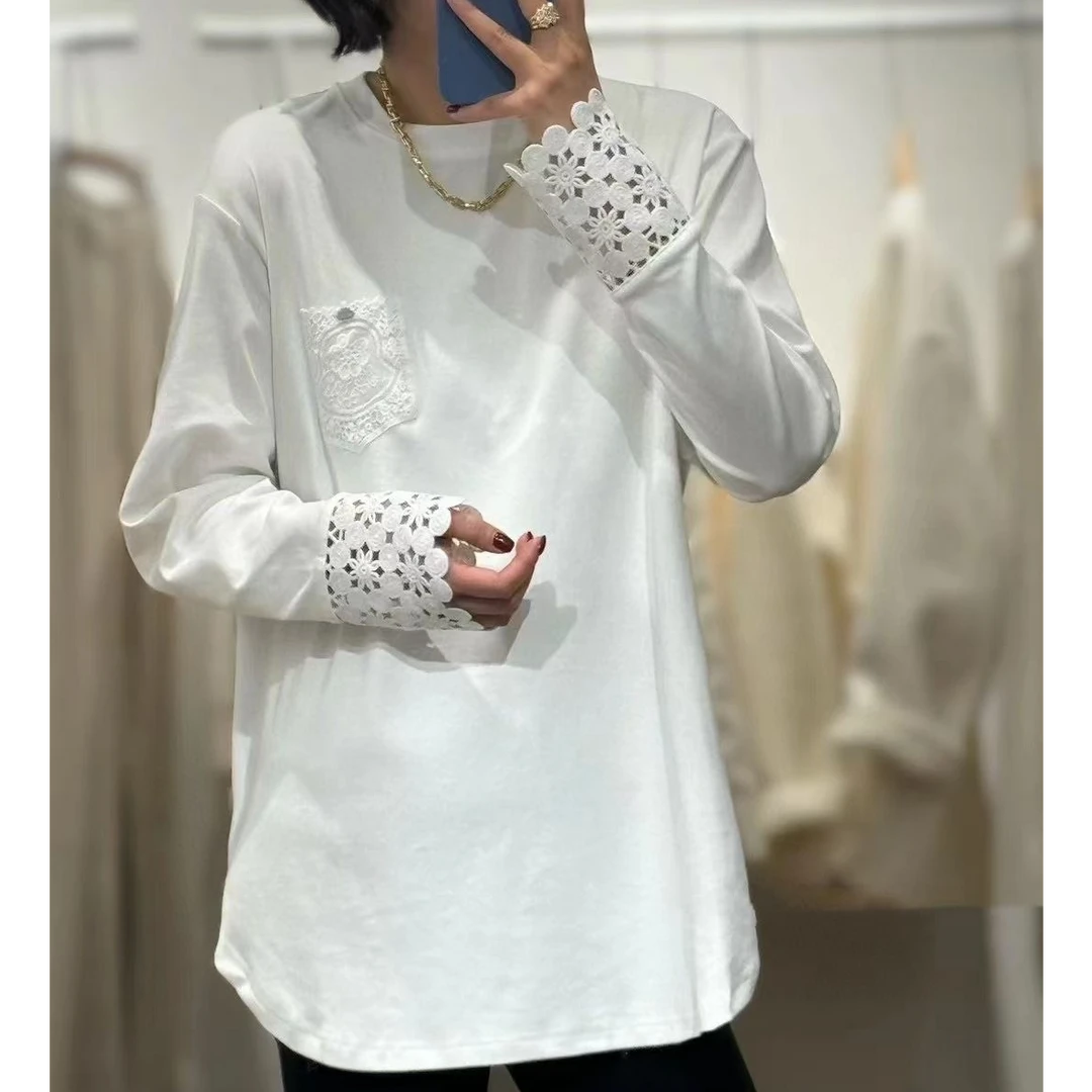 美娅MY 钩花口袋加绒白T