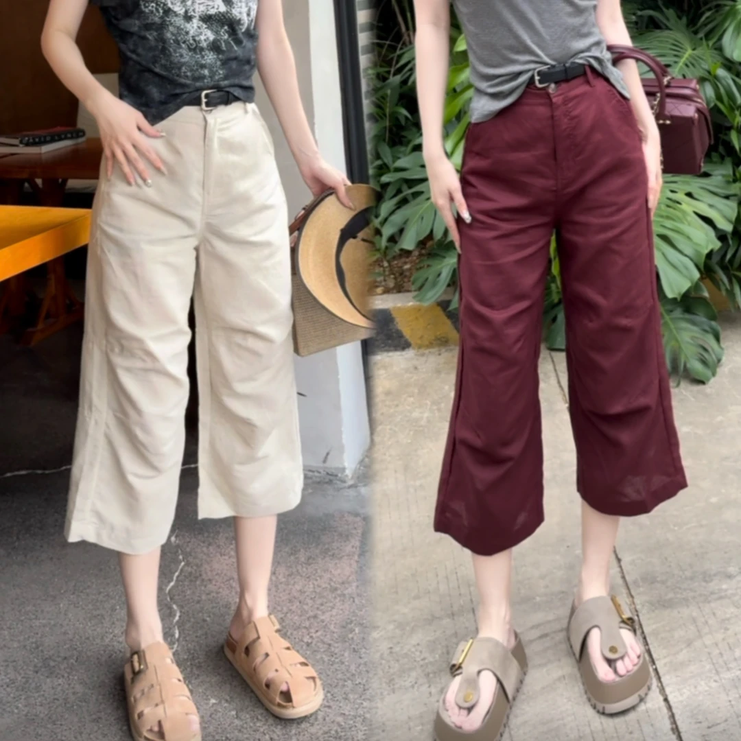 e2543 CC推荐 【苎麻褶褶裤】苎麻立体膝盖八分阔腿裤