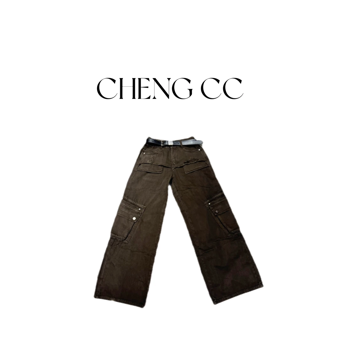 b4401 2024早秋 百搭复古口袋直筒阔腿牛仔裤