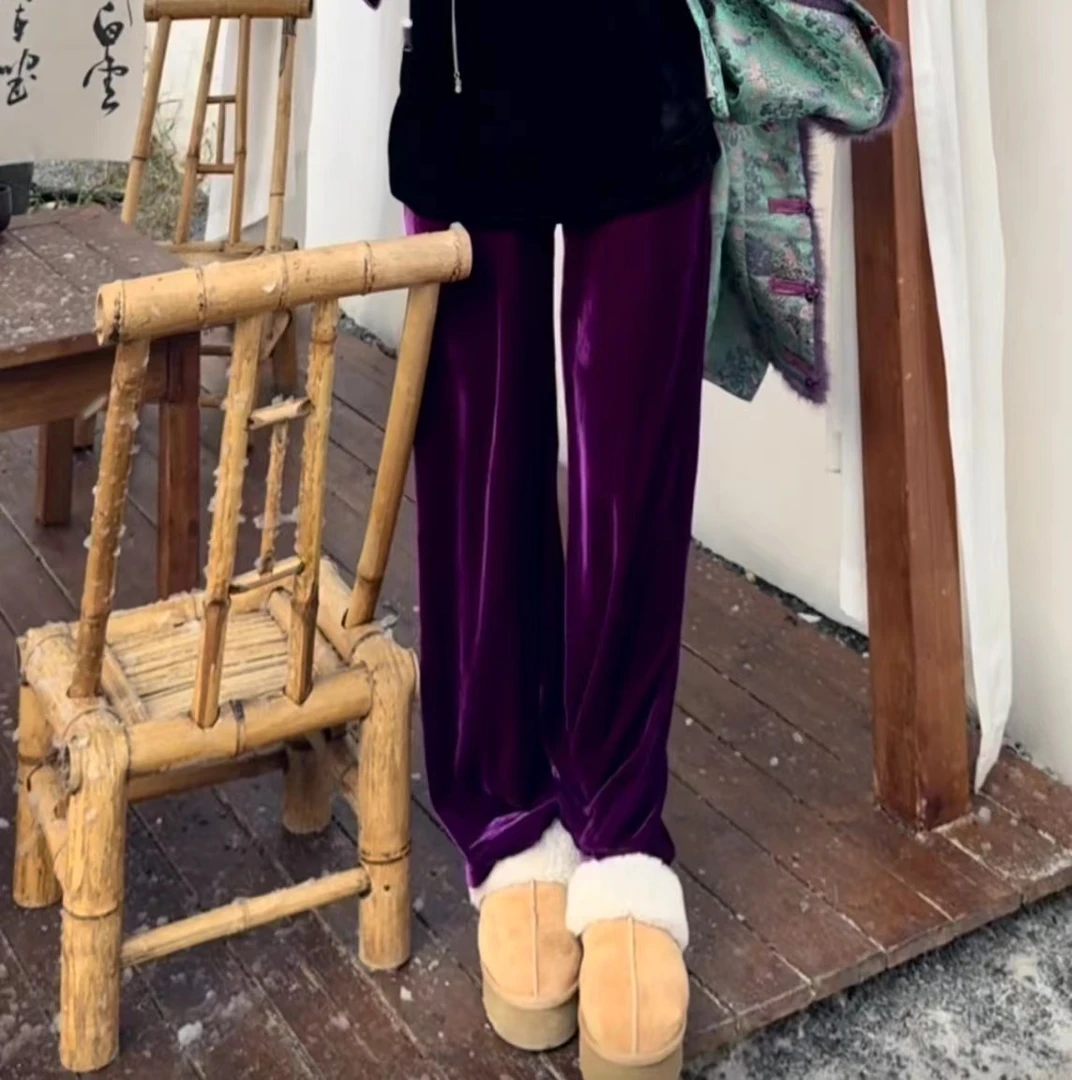 b3043 CC推荐 新中式国风丝绒显瘦松紧腰糖果色裤子