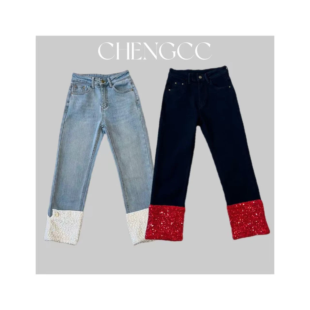 b3173 CC推荐 新中式复古撞色盘扣国风牛仔裤