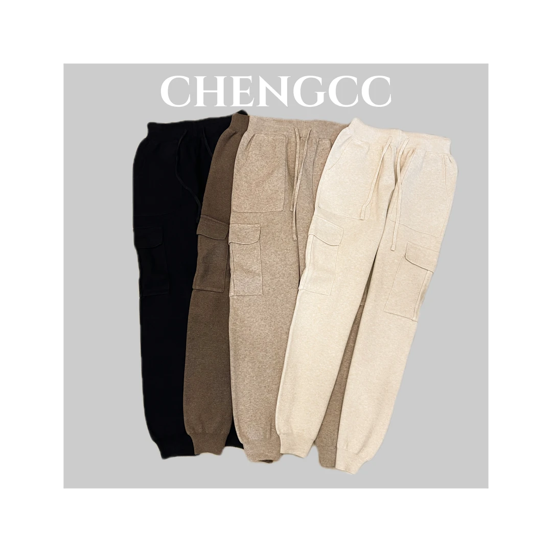 c2100 CC推荐 抽绳高腰束脚休闲针织工装裤