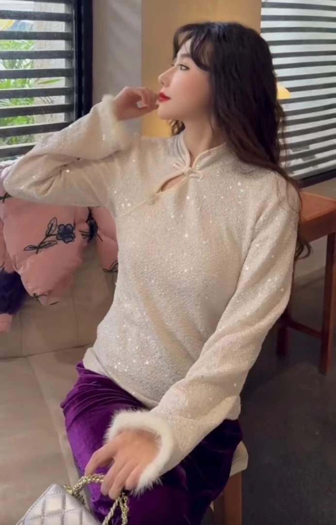 b3048 【银河】CC推荐 新中式国风立领亮片水貂毛拼接内搭打底衫