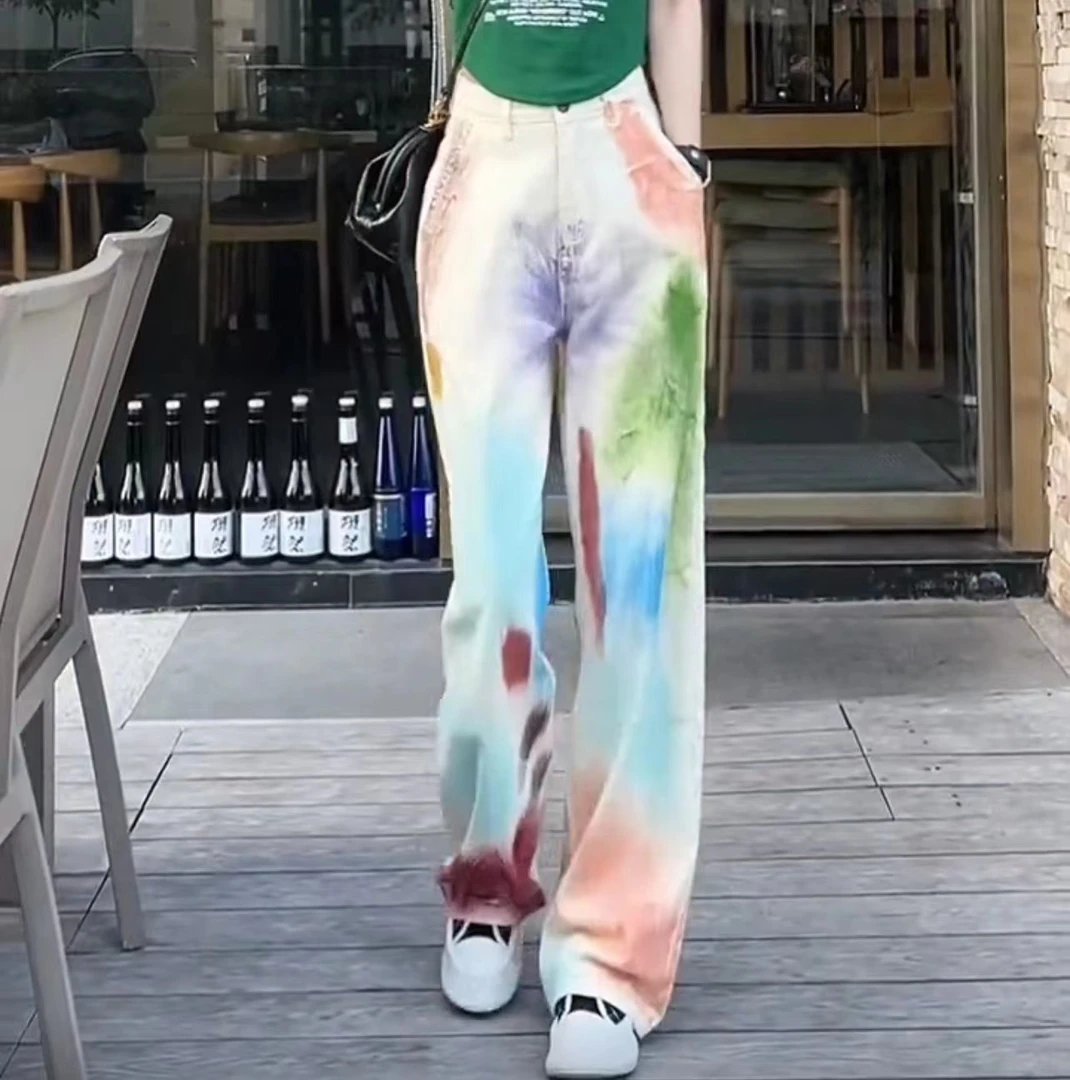 k5112 CC推荐 设计感彩绘刷漆花色休闲牛仔长裤