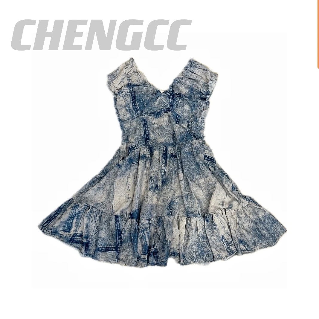 z2239 CC推荐 碎花水墨晕染油画荷叶边连衣裙