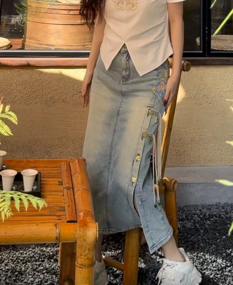 m1601 CC推荐 国风新中式设计感牛仔开叉半身裙