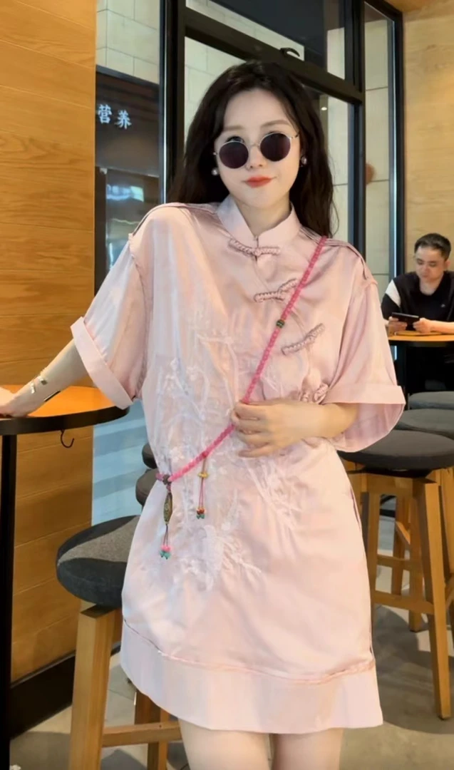 w2320 CC推荐 复古改良国风刺绣盘扣连衣裙